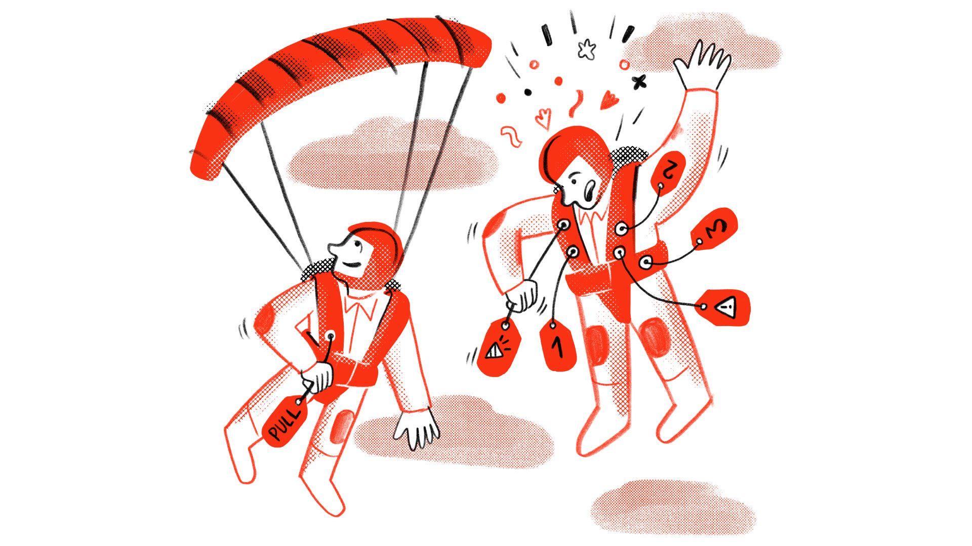 Cartoon of two skydivers where one has issues with opening the parachute